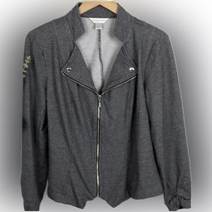 Christopher & Banks Gray Knit Jacket Size M Zip front Ruched Snaps front lapel.